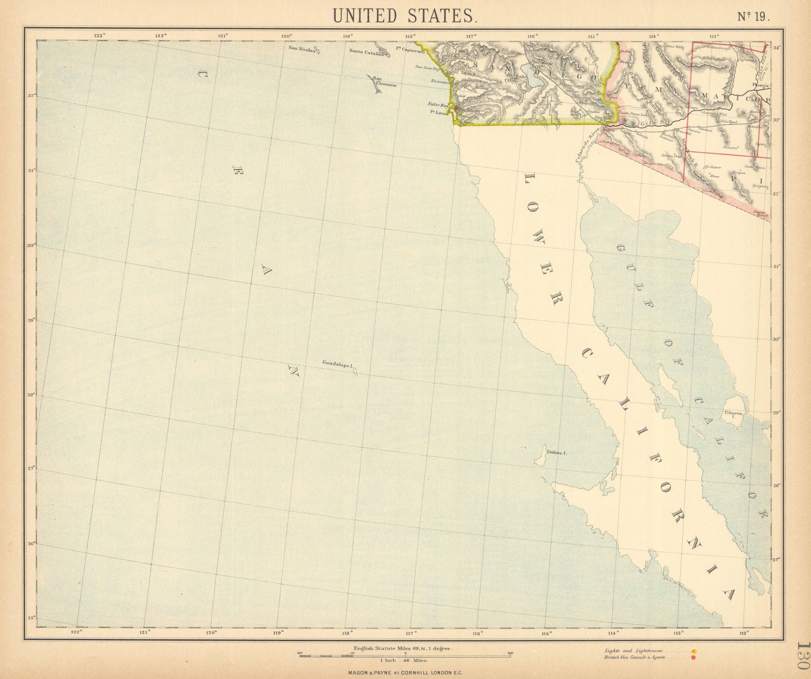 Baja & SOUTHERN CALIFORNIA & ARIZONA. San Diego & Phoenix. LETTS 1892 old map